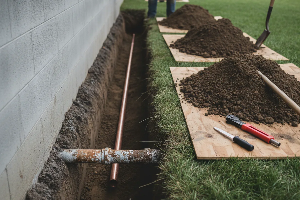 Excavated water line trench during Water Softener Installation in Wood River Junction